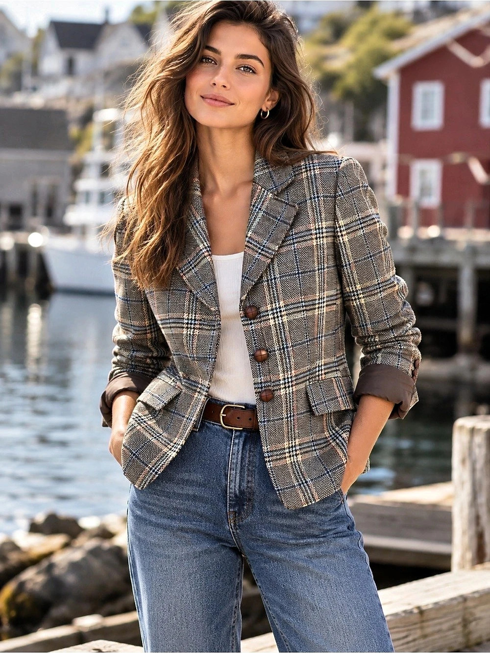 Sophisticated Chic Brown Plaid Tweed Blazer Medium Size 8